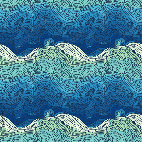 Seamless waves pattern. Abstract water background with curly hand-drawn waves. Blue tide vector background. Sea and ocean theme. Eps 8