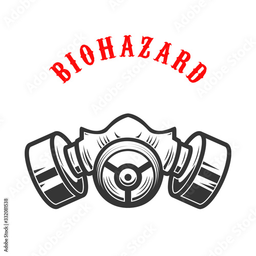Illustration of gas mask isolated on white background. Biohazard. Coronavirus alert. Design element for poster, card, banner, flyer, emblem, sign. Vector illustration