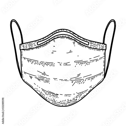 Illustration of medical respirator mask in engraving style. Wuhan coronavirus theme. Design element for poster, card, banner, sign. Vector illustration