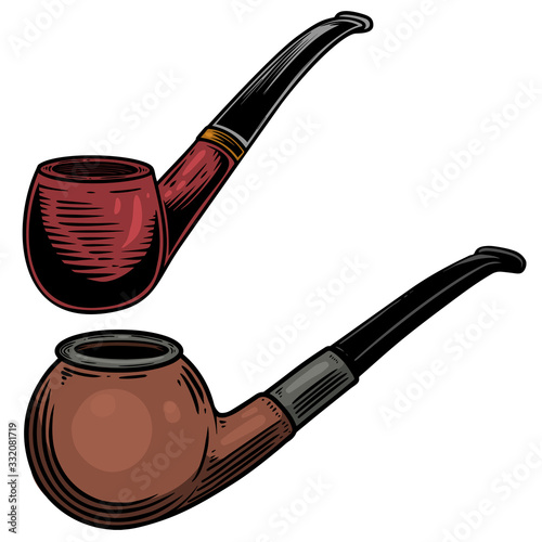 Set of Illustration of smoking pipe in engraving style. Design element for logo, label, sign, poster, t shirt. Vector illustration