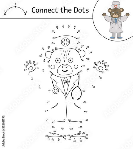 Vector dot-to-dot activity with cute animal doctor with his hands up. Connect the dots game. Bear medic line drawing. Funny medical coloring page for kids. .