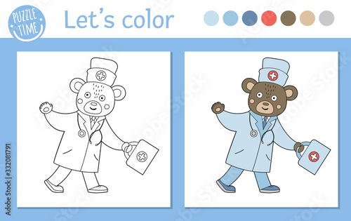 Medicine coloring page for children. Vector bear doctor going with first aid kit and waving his hand. Cute funny animal character outline. Healthcare color book isolated on white background.