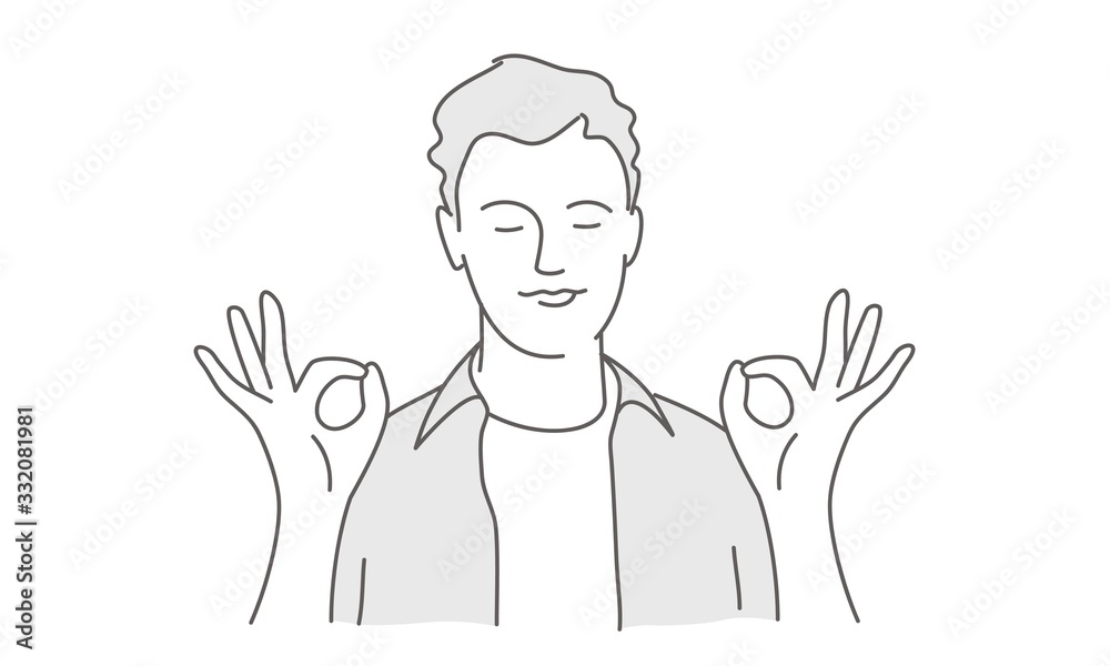 Hand drawn vector illustration of guy meditating. Calm, relaxed good-looking release stress, close eyes. Hand drawn vector illustration of guy meditating. Calm, relaxed good-looking release stress, close eyes.