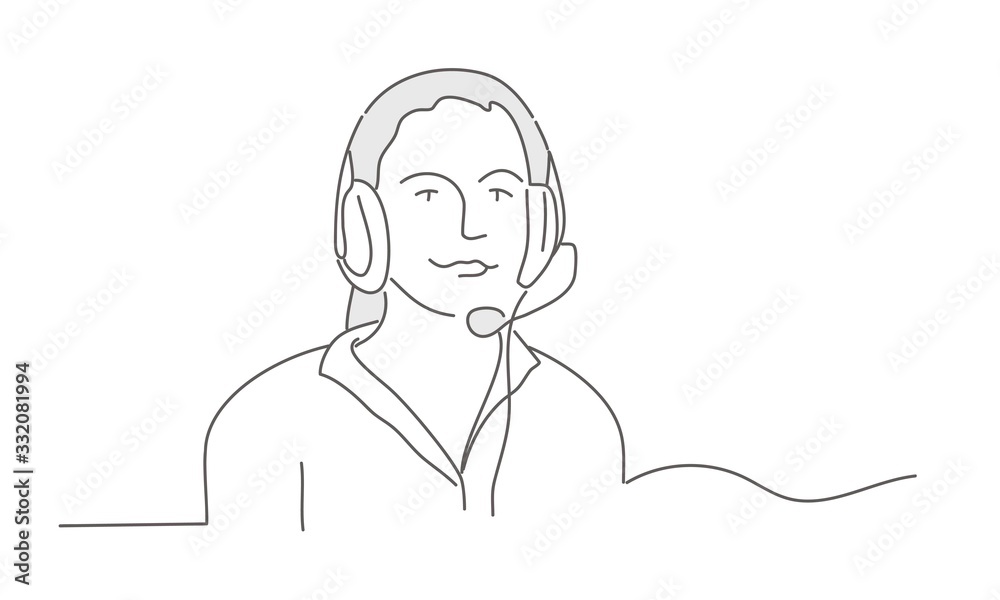 Woman working in call center. Line drawing vector illustration.