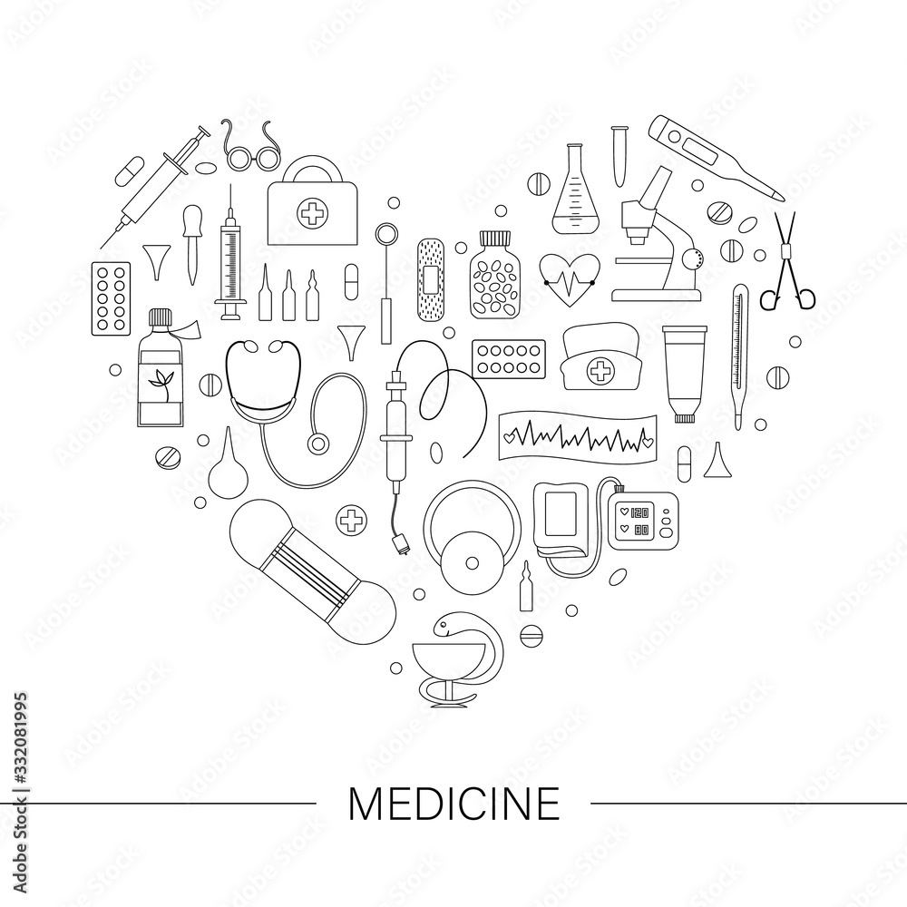 Vector frame with medical equipment and tools outlines. Medicine line elements banner design framed in heart shape. Cute funny health care, check or research card template..