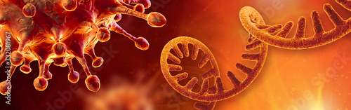 2023 coronavirus omicron arcturus. Single RNA strand. Microscopic view of a infectious SARS-CoV-2 virus cell. 3D rendering