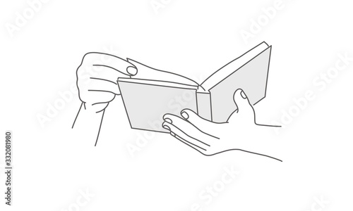 Hands holding an open book. Hand drawn vector illustration. © Anna