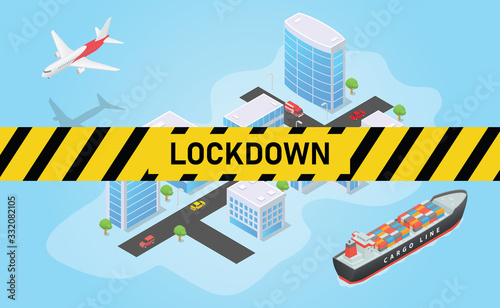 city lockdown for corona virus covid-19 with people and shutdown public transportation with modern isometric style
