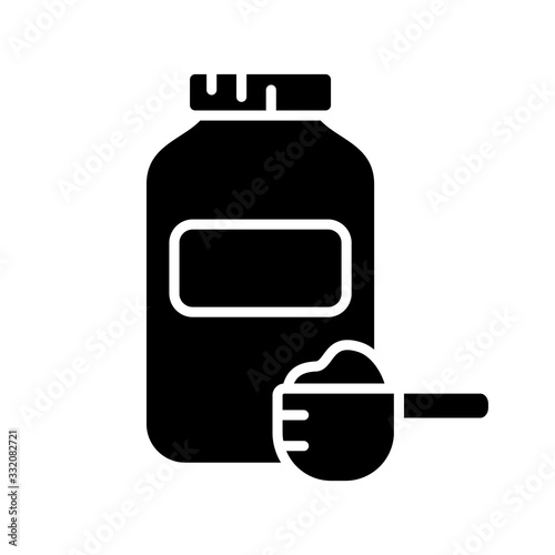 Silhouette Bottle of sports nutrition and measuring spoon with dry powder. Outline icon of muscle building protein whey. Black illustration of fitness food. Flat isolated vector on white background
