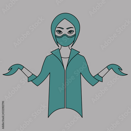 Contour drawing of cartoon young female doctor in medical mask shrugging shoulders