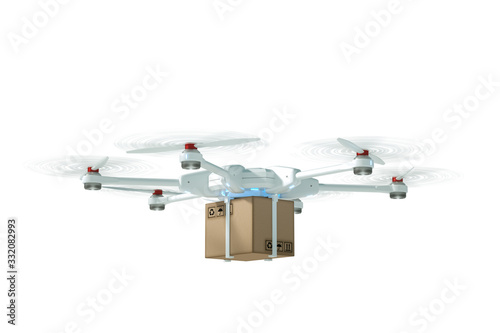 White flying drone with a cardboard box isolated on a white background. drone for delivery. The concept of fast delivery, technology. 3D rendering, 3D illustration, copy space.