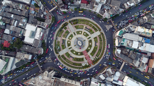Aerial view of traffic circle inBangkok city
