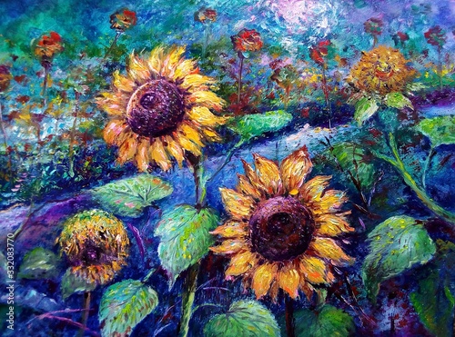 Art painting Fine art Oil color sunFlower background from thailand