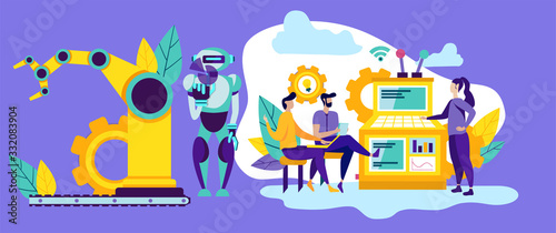 People and Robot in Production. Modern Automation. Man and Woman Factory Worker. Teamwork. Working Process. Automation and Technology. Vector Illustration. Smart Idustry. Monitoring Iinterface.