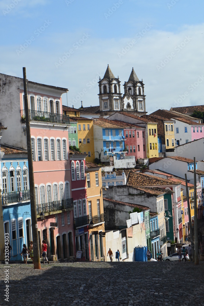 Colorful buildings in Pelourinho neighborhood, Salvador historical city, in Bahia state of Brazil