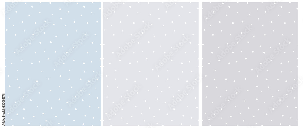 Fototapeta Proste ręcznie rysowane nieregularne kropki wektor wzór. Białe kropki na białym tle na jasnoniebieskim i jasnoszarym tle. Dziecięcy styl streszczenie geometryczne kropkowane bezszwowe wektor wydruku.