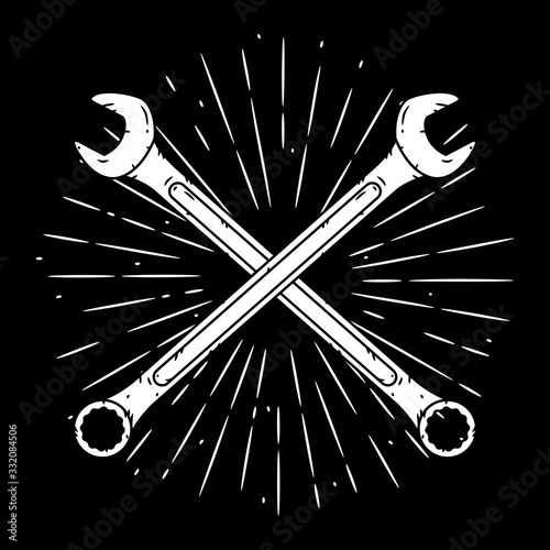 Vector illustration with crossed wrench and divergent rays. Used for poster, banner, web, t-shirt print, bag print, badges, flyer, logo design and more.