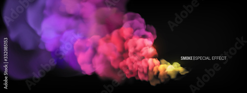 Realistic multi-colored smoke on a black background. Colored smoke bombs. isolated fog or smoke, transparent special effect. Bright magic cloud, fog or smog. Abstract illustration for the design