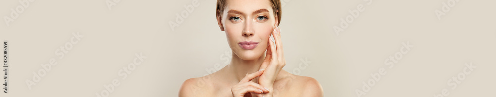 Perfect woman face with healthy clear skin on white banner background. Skincare and facial treatment concept Perfect woman face with healthy clear skin on white banner background. Skincare and facial treatment concept