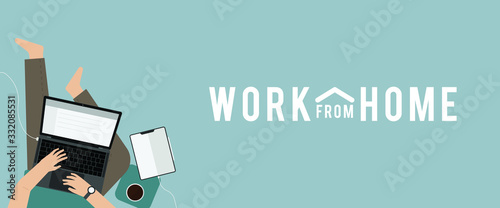 work from home. work at home. sitting working with laptop and tablet on the floor. flat lay. flat design illustration.