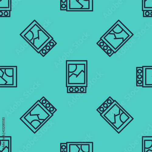 Black line Open matchbox and matches icon isolated seamless pattern on green background. Vector Illustration
