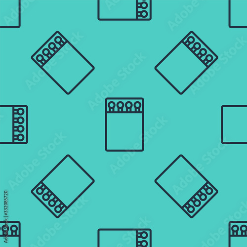 Black line Open matchbox and matches icon isolated seamless pattern on green background. Vector Illustration