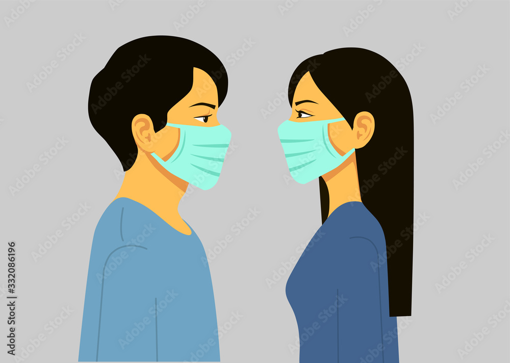 Fototapeta premium Man and Woman in medical face protection mask. Illustration for concepts of disease, sickness, allergies, pollution, coronavirus. Vector illustration flat design. Isolated.