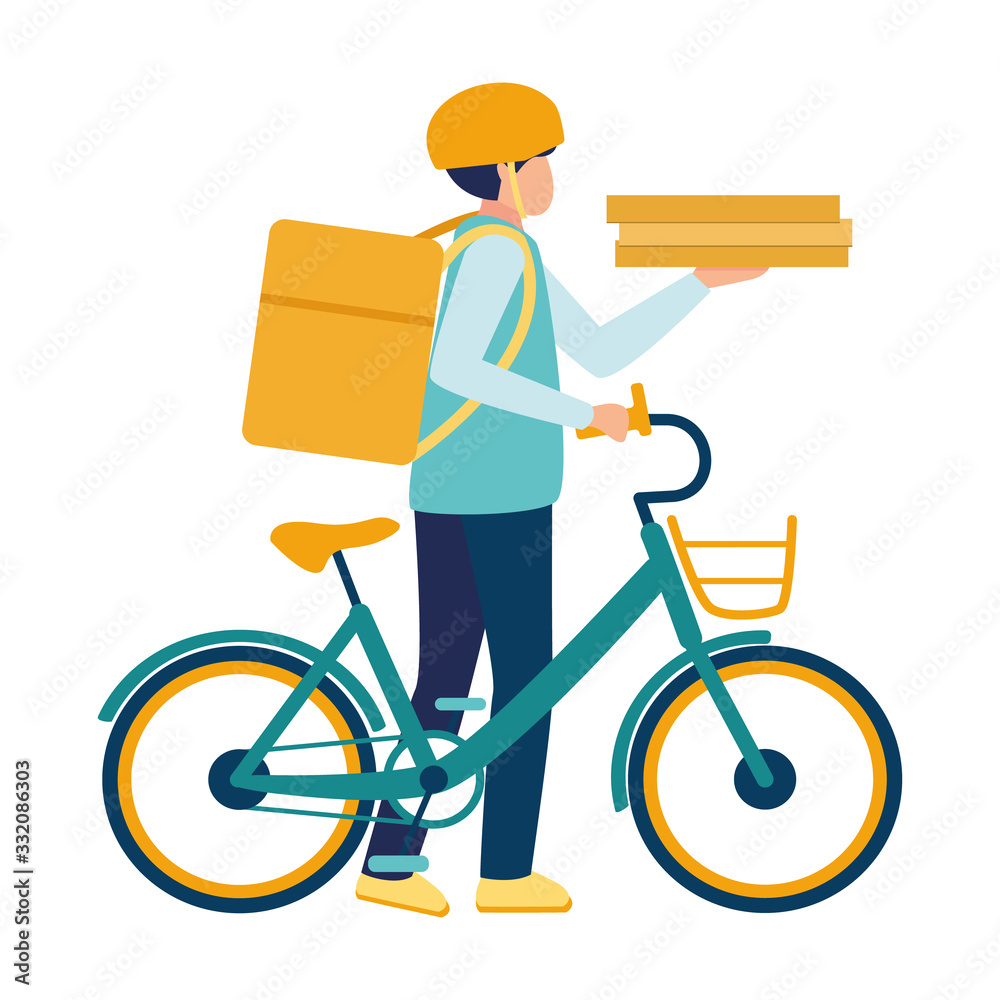 Deliveryman with bag and pizza. Bicycle delivery boy