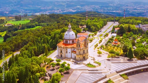 Braga, Portugal. Aerial view of Sameiro Sanctuary in Braga, Portugal during the sunny day. Panning time-lapse of popular landark with nature around it