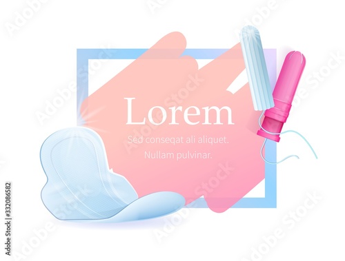 Advertising Poster with Editable Promotional Text in Square Frame Composition and Feminine Hygiene Products. Realistic 3d Vector Single Pad with Wings and Tampon with Applicator Illustration