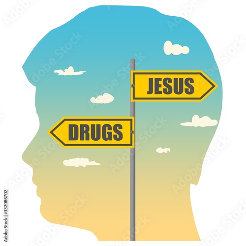 Double exposure portrait of young man and road signs. DRUGS and JESUS text pointing in opposite directions