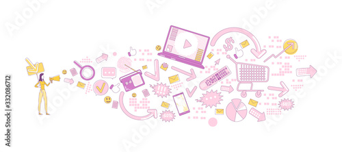 Advertising business thin line concept vector illustration. Promoter with megaphone 2D cartoon character for web design. Digital marketing, public announcement, promotional message creative idea