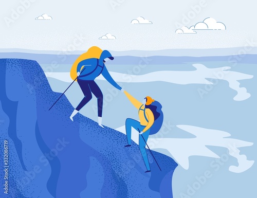 Mountaineering Adventure, Alpinism. Travelling Couple, Family or Friends with Backpacks - Man and Woman Cartoon Characters Climbing Rock. Outdoor Recreation Activity. Flat Vector Illustration.