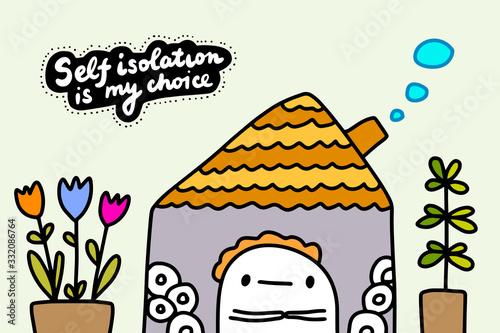 Self isolation is my choice hand drawn vector illustration in cartoon comic style man sitting home with toilet paper