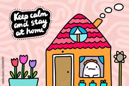 Keep calm and stay at home coronavirus covid-19 protection hand drawn vector illustration in cartoon comic style