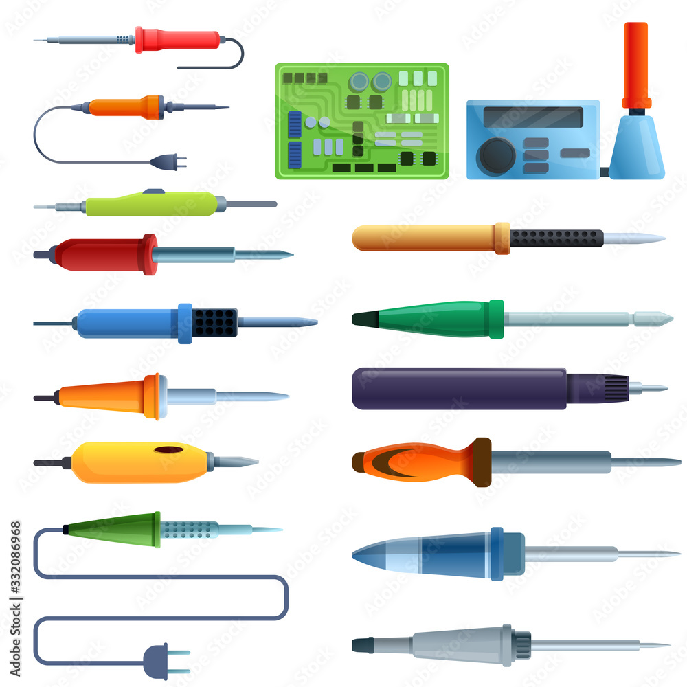 Soldering iron icons set. Cartoon set of soldering iron vector icons for web design Soldering iron icons set. Cartoon set of soldering iron vector icons for web design