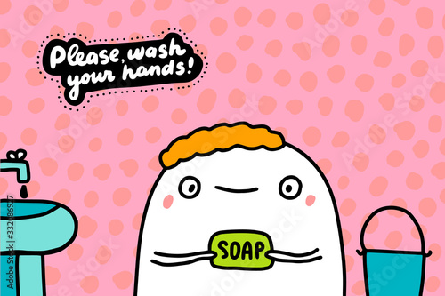 Please wash your hand drawn vector illustration in cartoon comic style man holding soap coronavirus infection protection