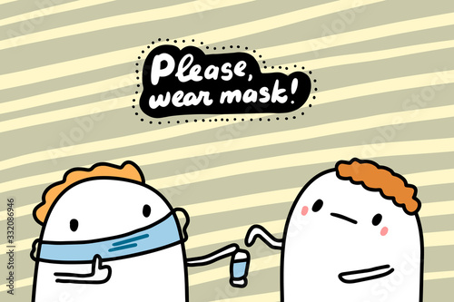 Please wear mask hand drawn vector illustration in cartoon comic style people protecting