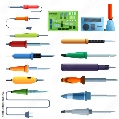 Soldering iron icons set. Cartoon set of soldering iron vector icons for web design