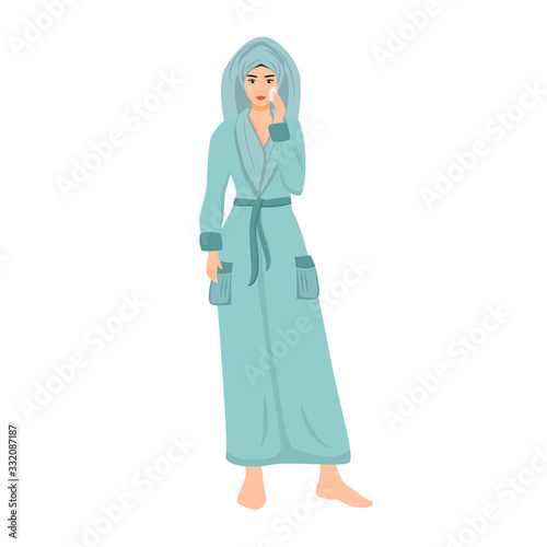 Woman in bathrobe using face toner flat color vector faceless character. Girl cleansing skin isolated cartoon illustration for web graphic design and animation. Female skincare routine step