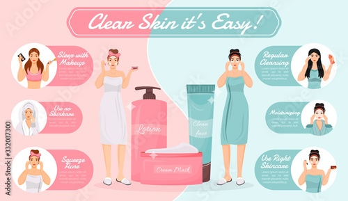 Skin care routine flat color vector informational infographic template. Poster, booklet, PPT page concept design with cartoon characters. Skin procedures advertising flyer, leaflet, info banner idea