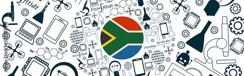 Innovation and technology concept. Circle frame with thin line icons. Flag of the South Africa