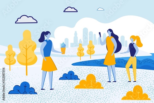 Happy Mother and Daughter Spending Time Together Walking in City Park Meeting Woman with Icecream. Summertime Outdoors Walk. Childhood, Parenting, Family Relations. Cartoon Flat Vector Illustration