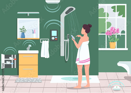 Smart bathroom appliances flat color vector illustration. Girl controlling shower with smartphone. IOT in domestic life. Woman using mobile phone 2D cartoon character with bathroom on background