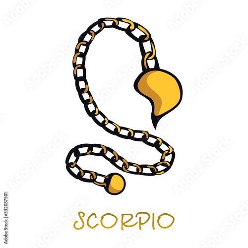 Scorpio zodiac sign accessory flat cartoon vector illustration. Golden chain with scorpion tail, bracelet with sting object. Astrological horoscope symbol, celestial element. Isolated hand drawn item