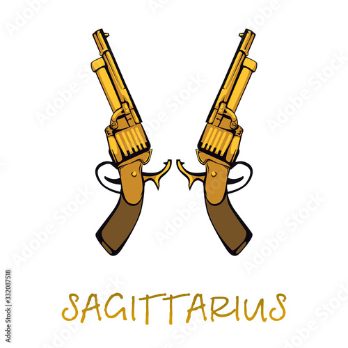 Sagittarius zodiac sign accessory flat cartoon vector illustration. Golden revolvers objects. Astrological horoscope celestial symbols. Antique guns element. Isolated hand drawn item