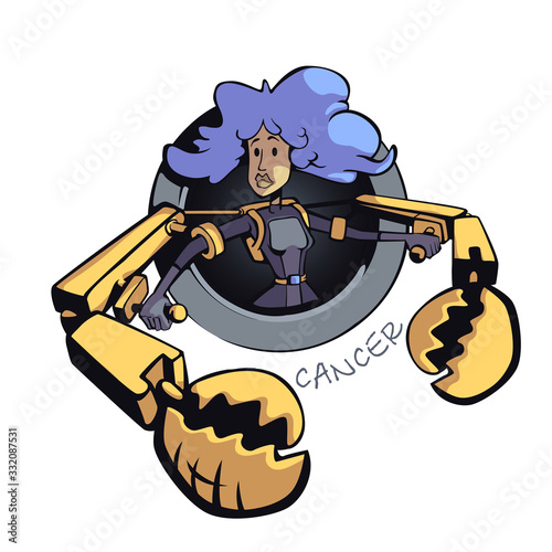 Cancer zodiac sign woman flat cartoon vector illustration. Astrological symbol personality, girl with huge crab claws. Ready to use 2d character for commercial, printing design. Isolated concept icon