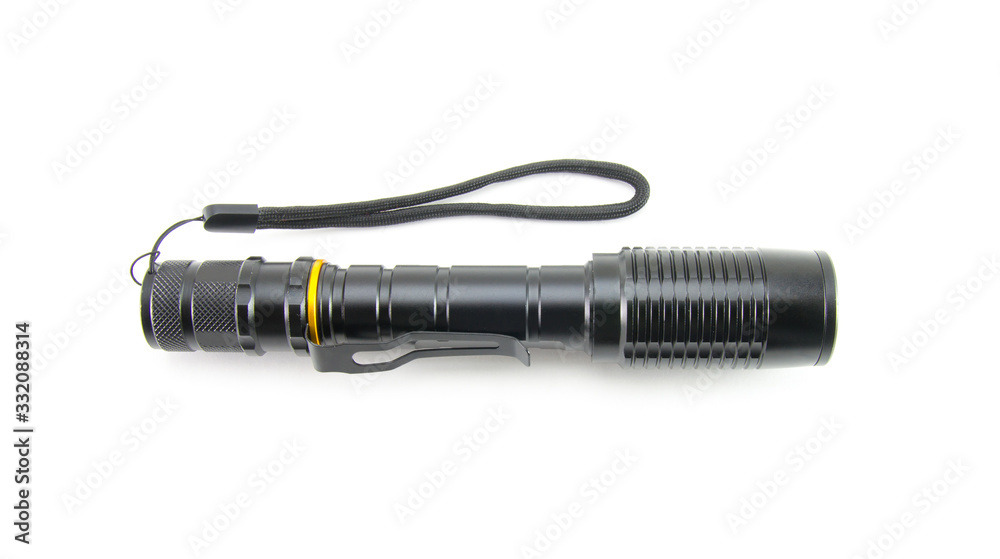 Slim, graceful flashlight in black on a white isolated background. Manual LED flashlight with a loop. Stylish and masculine Slim, graceful flashlight in black on a white isolated background. Manual LED flashlight with a loop. Stylish and masculine