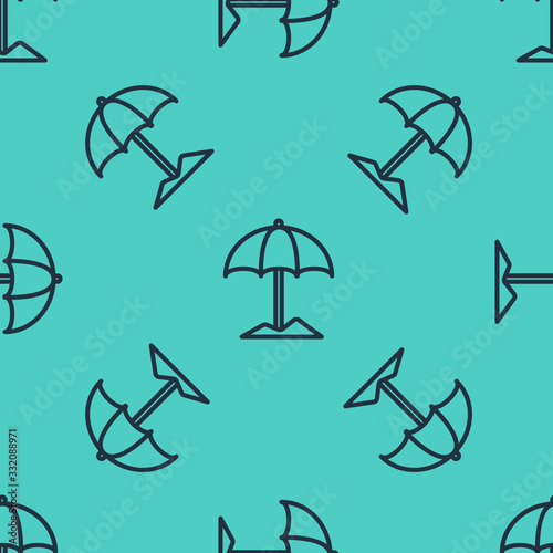 Black line Sun protective umbrella for beach icon isolated seamless pattern on green background. Large parasol for outdoor space. Beach umbrella. Vector Illustration