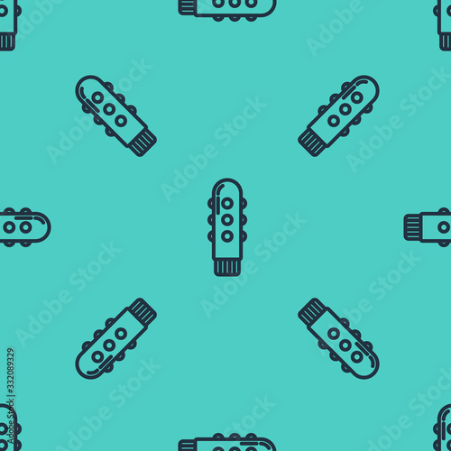 Black line Dildo vibrator for sex games icon isolated seamless pattern on green background. Sex toy for adult. Vaginal exercise machines for intimate. Vector Illustration